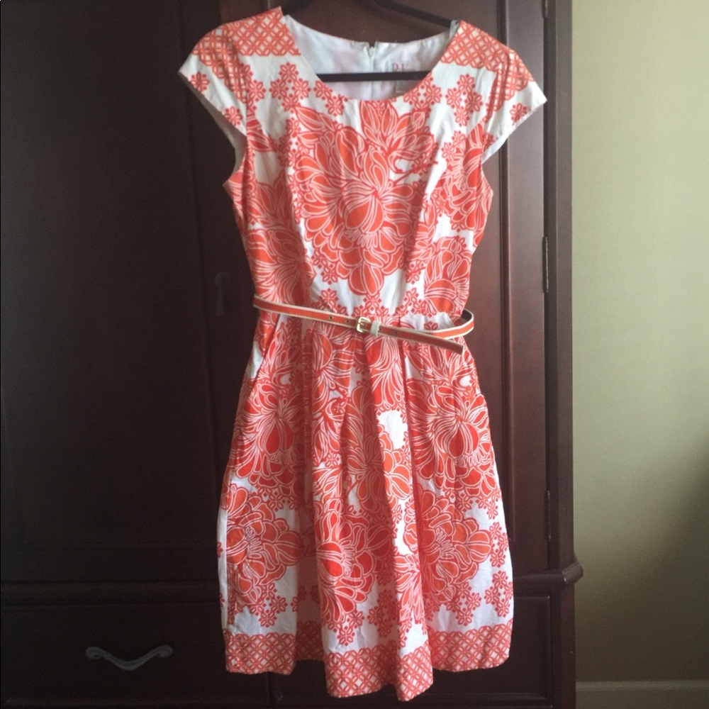 Coral & White Cap Sleeve Dress w/Pockets & Belt